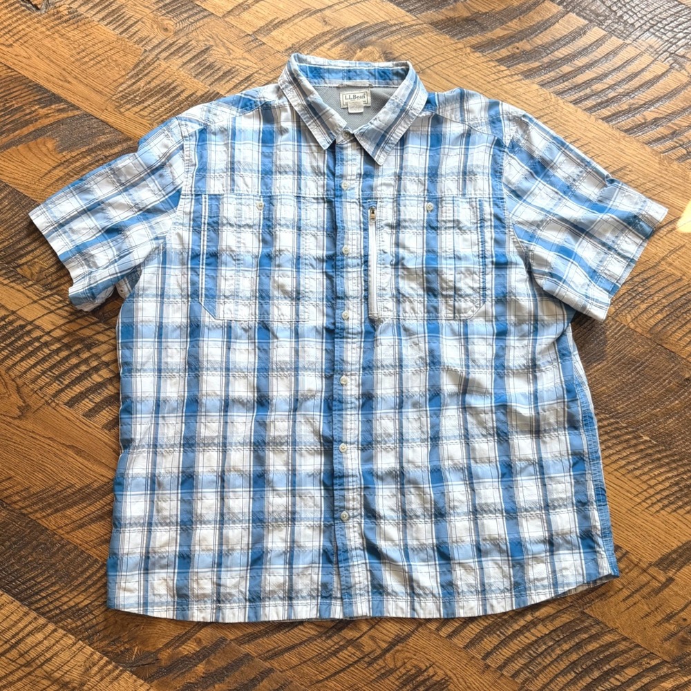 LL Bean Mens XXL Blue Plaid Short Sleeve Fishing Shirt Technical Gorpcore 296979